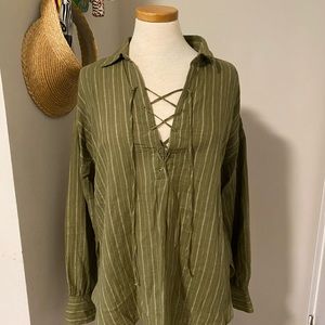 Free People Green Striped Lace Up Tunic Blouse